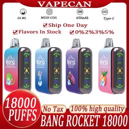 Orijinal Bang Rocket 18000 Puffs Puff 9K-18K Puffas digitales desechables E CIRCETOS DE VAPE Vapor Dispositivo 650mAh Batería de 20 ml Vapes desechables Barra de hojaldre Vape 12 Sabores Vaper