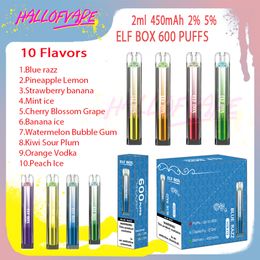 Boîte d'origine ELF 600 bouffée stylo vape jetable 10 saveurs 2% 5% niveau optionnel 2ml bobine de maille 450mAh batterie E Cigarettes