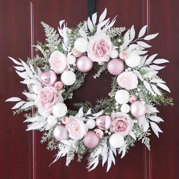 Ornement rose boules de Noël décor couronne plantes artificielles rotin guirlande fenêtres pour el Shop 55 cm décoration de porte de vacances 240130