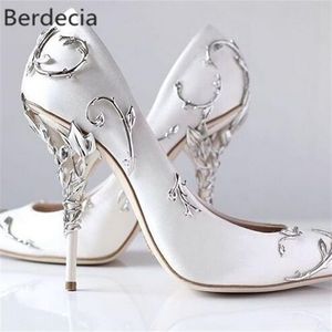 Sier Filigraan Bladeren Spiraalvormig Natuurlijk Hak Witte Vrouwen Trouwschoenen Chic Satijn Stiletto Hakken Eden Pumps Bridal323r