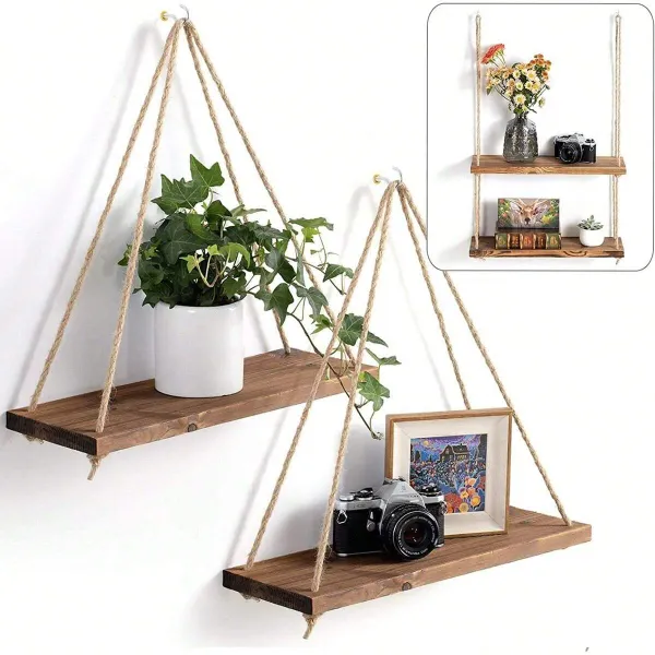Ornements 1pc Swing en bois suspendu corde de chanvre étagère mur à monture à la maison flottante salant plante de fleur de fleur