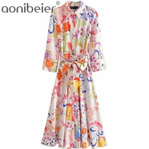 Imprimé fleuri printemps été à manches longues robe chemise à boutonnage simple décontracté taille haute femmes Midi avec ceintures 210604