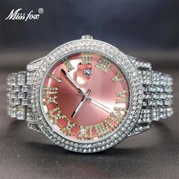 Orologio Uomo MISSFOX Iced Out Drop Diamond reloj de lujo para mujer vestido de fiesta rosa relojes estilo regalo sorpresa para damas 240102