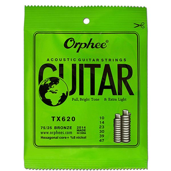 Orphee TX620 010-047 cuerdas de guitarra acústica núcleo Hexagonal + 8% níquel bronce tono brillante accesorios Extra ligeros