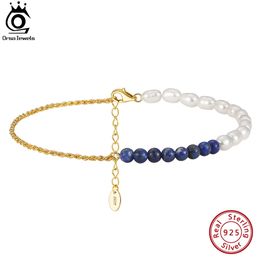 Orsa joyas 14k dorado lapislúpes de lázuli Cadena de perlas naturales Tobilleras para mujeres Fashion Summer Silver 925 Straps de tobillo Joyería SA56 240412