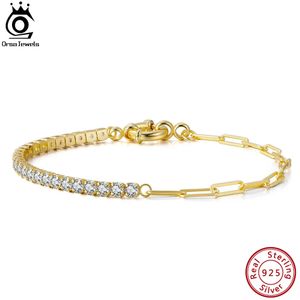 ORSA JEWELS Plaqué or 14 carats en argent sterling 925 Chaînes de trombones faites à la main avec bracelet de tennis en zircone cubique pour femmes SB119 240105