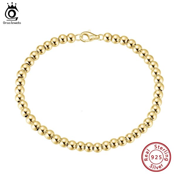 ORSA JEWELS Bracelet chaîne boule de perles de 4mm, or 14 carats, argent Sterling 925, bijoux à la mode pour femmes, 657758 pouces SB103 240104