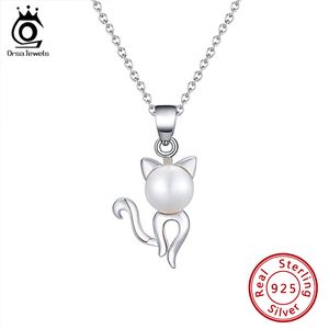 Orsa Juwelen 925 Sterling Zilver Ronde Zoetwater Parel Kat Hanger Dames Mode Sieraden Dames Leuke Dier Ketting Gift GPN05