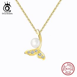Orsa Jewels Elegant 925 Sterling Silver Fish Tail Natural Pearl Pendant Necklace for Women Mermaid Tail CZ Hangers sieraden APN30 240412