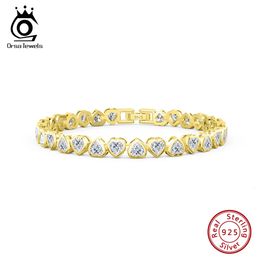 Orsa Jewels Elegant 925 Sterling Silver Heart Cut 4a Zircon Tennis Bracelet pour femmes 14k Gold CZ Hand Chain Party Bijoux SB165 240423