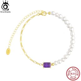 ORSA Jewels Fashion 925 Sterling Silver Natural Pearl Figaro Link Chain Bracelet with Circon for Women Anniversary Jewelry GPB24 240423