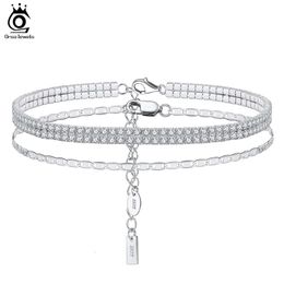 Orsa Jewels Italiaans 925 Sterling Silver Sparkle Mirror 2 Rows Tennis Anklet For Women Foot Bracelet Ankle sieraden Gift SSA03 240408