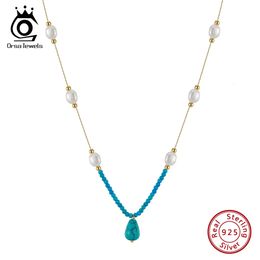 Orsa Jewels Turquoise Pendant Collier 925 STERLING Silver Bohemian Natural Eater Pearl For Women Jewelry MPN02 240425