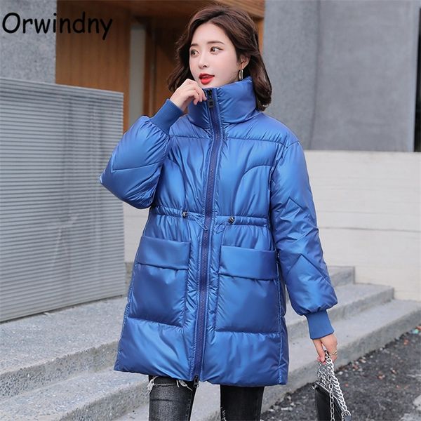 Orwindny brillant long femme vestes d'hiver grosses poches mode matelassement rembourré vêtements dames neige vêtements chauds étanche wadde manteau femelle 201214