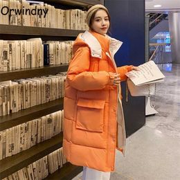 Orwindny Lange Winterjas Vrouwen Solid XS-2XL Warm Parkas Vrouwelijke Hooded Patded Kleding Sneeuwkleding Jassen 211013