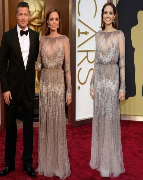 Oscars 2019 Vestidos de noche de mangas largas Awards Red Angelina Jolie Academy Awards Via a través de Full Beading Celebrity Prom2436445