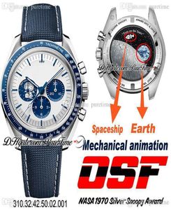 OSF Moonwatch Silver Snoop Award Manual Winding Chronograp Mens Watch 50e verjaardag Witte wijzerplaat Blue Nylon Fabric Strap Puretime6820143