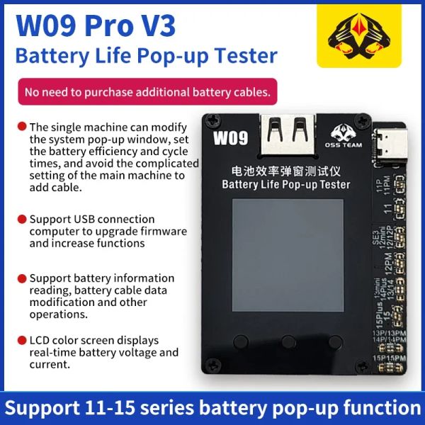 OSS W09 Pro V3 Battery Efficiency Pop-up Tester pour iPhone 11-15 Série Résoudre la fenêtre contextuelle modifier l'efficacité de la batterie