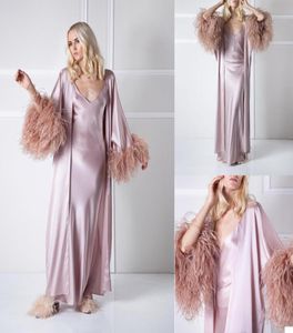 Autruche Feather Celebrity Robes de soirée Robes à manches longues 2 pièces Sexy Bridal Pyjama sets Bathrobes Party Wear Robes6394751
