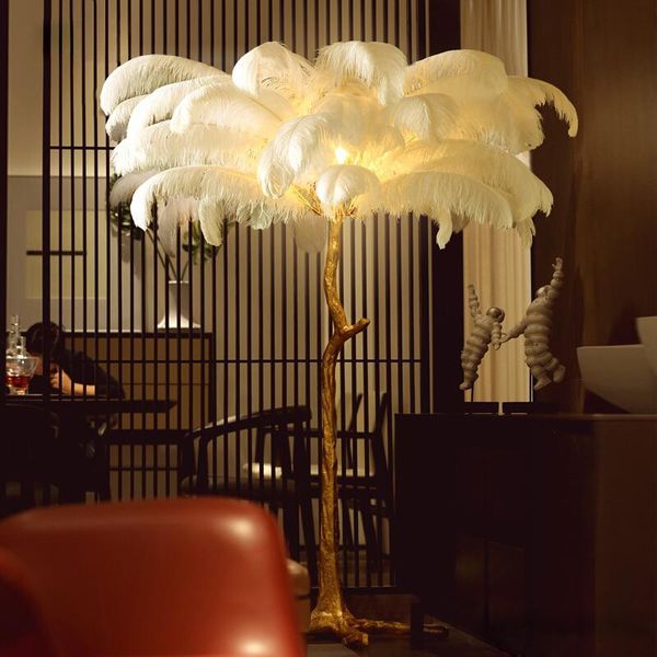 Lampadaire en plumes d'autruche, branche d'arbre en cuivre/résine, éclairage de luxe pour salon et chambre à coucher, lampes décoratives