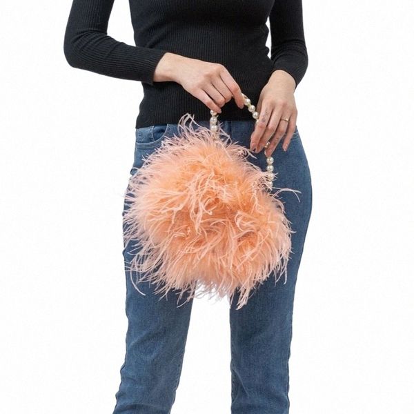 Sac à main en plumes d'autruche avec chaîne de perles Mini bourse pour la fête Furry 2024 Peach Fuzz Mariage Mariée Sac orange romantique 07mj #