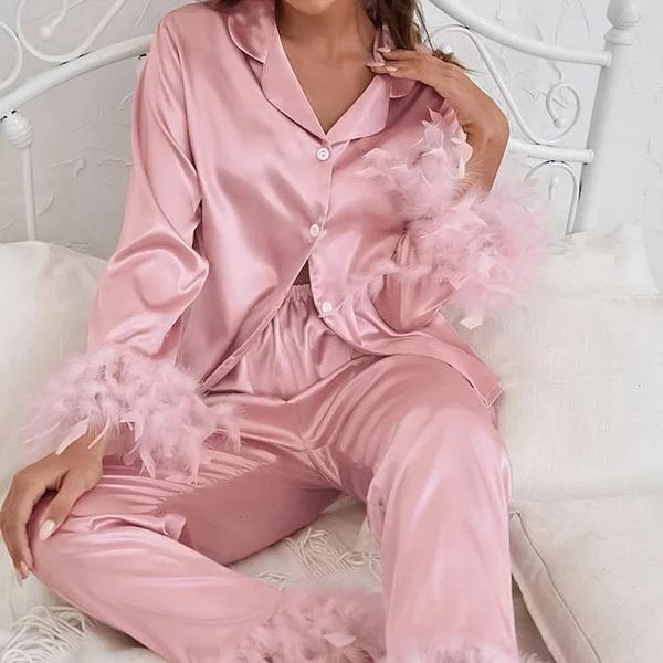 Ensemble pyjama en plumes d'autruche pour femmes, ensemble assorti en Satin doux, chemise à boutons + pantalon, ensemble familial, pyjama ample, cadeau de mariée, 240306