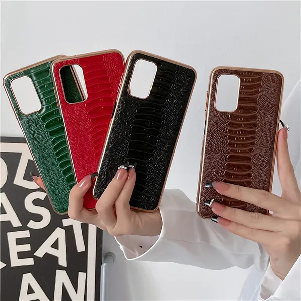 Funda para teléfono Vogue con revestimiento de grano de avestruz para iPhone 14 13 12 Pro Max Samsung Galaxy S23 Ultra S22 Plus S21 S21FE Carcasa protectora de cuero genuino de color sólido resistente