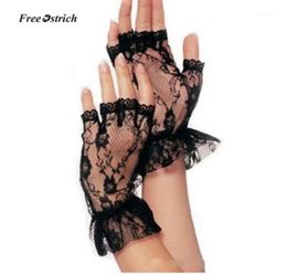 Autruche Glants doux pour femmes courtes gants sans doigts de dentelle noire