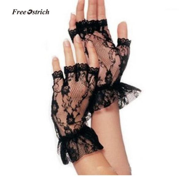 Autruche Glants doux pour femmes courtes gants sans doigts de dentelle noire