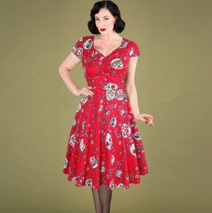 OTEN Halloween Zomer skaterjurk elegant Vintage Rode Suikerschedels Bloemenprint Jaren 50 rockabilly Avondfeest Grote maten Jurken 213085240