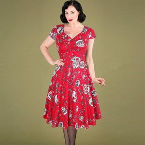 OTEN Halloween zomer skaterjurk elegante vintage rode suikerschedels bloemenprint jaren 50 rockabilly avondfeest plus size jurken 21313R