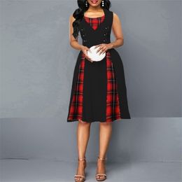 OTEN Femmes Taille Big Tartan Robe Tuniques d'été Vintage Sans manches Rouge Plaid Imprimer Bouton Rockabilly Party Sexy Pin Up Robe 210325