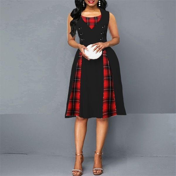 Oten Women Taille Big Tartan Robe Summer Summer Sans Sans manche sans manches Red Plaid Print Button Rockabilly Party Sexy Pin Up Robe 210409