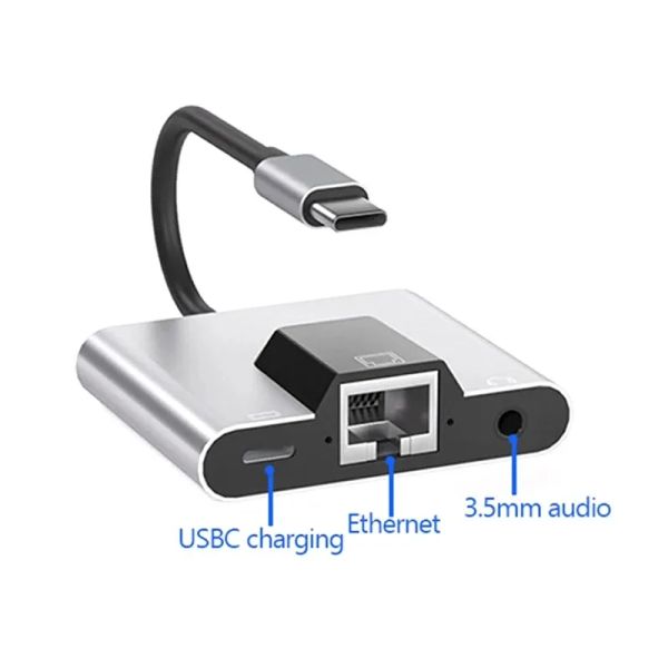 OTG Ethernet Adaptador USB para USB C a RJ45 Ethernet LAN Wired Network 100Mbps Converter de audio de 3.5 mm para Tipo C Port Teléfono móvil