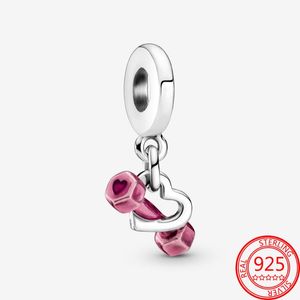 Autre 100% 925 Sterling Silver Rose Haltère Coeur Dangle Charm Fit 3mm Bracelet S925 DIY Bijoux Cadeau Fille