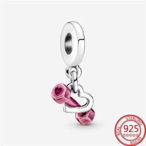 Autre 100% 925 argent sterling rose haltère coeur balancent charme ajustement 3mm bracelet S925 bijoux à bricoler soi-même cadeau Girl2331