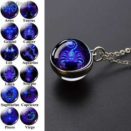 Autres 12 signes du zodiaque pendentif collier double face boule de verre collier hommes femmes mode Constellation bijoux cadeau d'anniversaire L242313