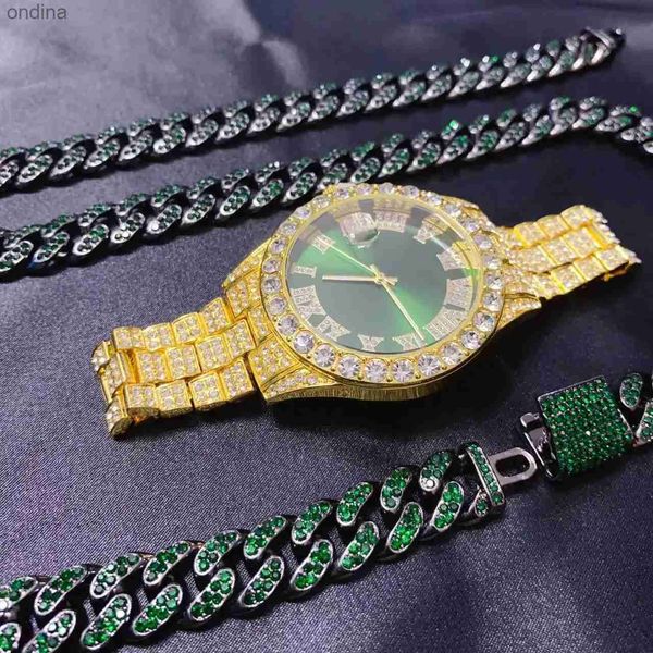 Autres 3PCS Hommes Femmes Même Hip Hop Calendrier Collier De Luxe Bracelet Ensemble De Bijoux Bling Cadran Vert Diamant Chaîne Cubaine YQ240122