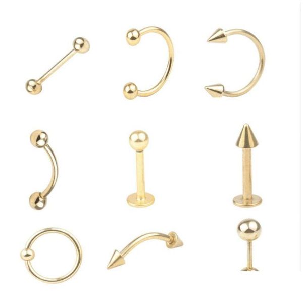 Autres 9pcs / Set Bijoux de corps en acier inoxydable Bell Button Anneaux Nombril Mamelon Langue Anneau Sourcils Lèvres Piercing Ensembles Drop Livraison Bijoux Dhb9U