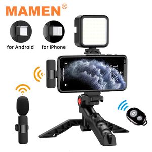Andere A V Accessoires Mamen Wireless Vlogging Kit Telefoon Statief met Lavalier Microfoon LED -licht voor iPhone Android Smartphone Live Streaming Toolkit 231216