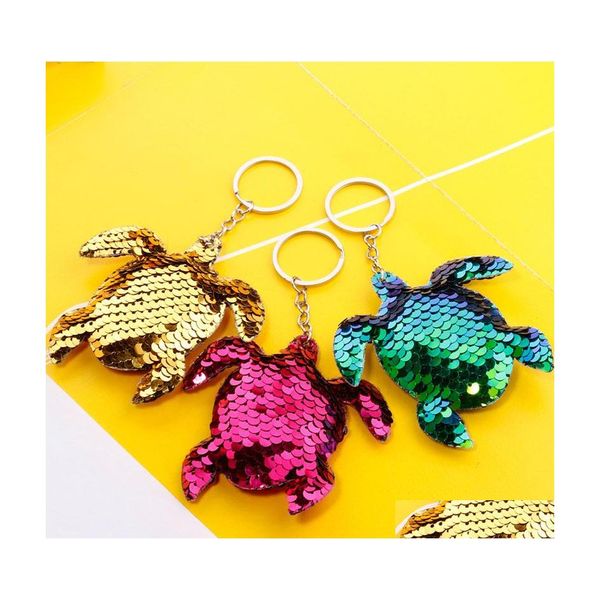 Autres arts et métiers Créativité Bling Sequin Porte-clés Pendentif Colorf Brillant Tortue Voiture Porte-clés Bague Dames Sac Pendentifs Bijoux Dhif0