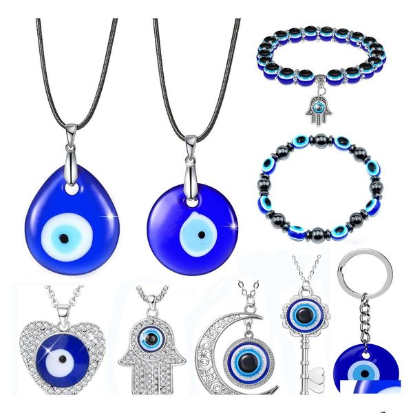 Otras artes y artesanías Collares pendientes Collar de mal de ojo para mujer Llavero Pulsera de cuentas azul turco Gafas hechas a mano Encantos Bracel Dh2Uo