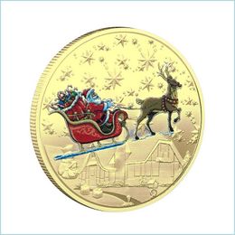 Autres arts et métiers Santa Pièces d'or commémoratives Décorations Impression couleur en relief Bonhomme de neige Cadeau de Noël Médaille en gros Bdebag Dhm0V