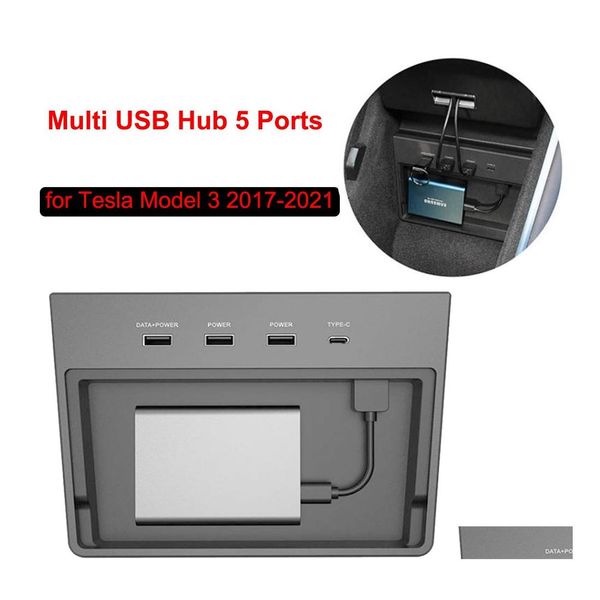 Otros Auto Electronics USB Hub para Tesla Modelo 3 Y Carga inalámbrica 5 puertos SSD Almacenamiento en disco Centro Consola Kit Accesorios para automóviles Pad Dhzcj