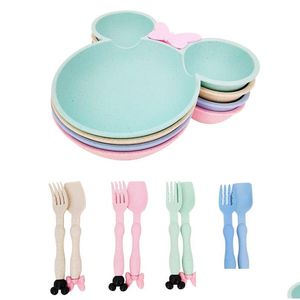 Overige Babyvoeding 3-delige Tarwe St Cartoon Servies Set Kindergerechten Kinderen Diner Platos Plaat Trainingskom Lepel Vork Drop Leveren