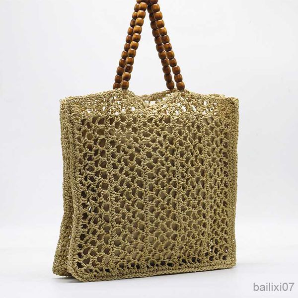 Otros bolsos Bolso de paja con asa de cuentas de madera de verano Bolso de hombro de paja hueca de moda Bolso de playa informal Bolso grande