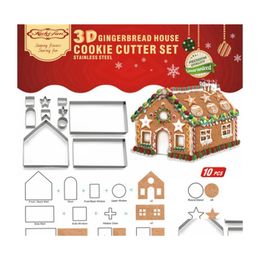 Andere bakware 10 stcs 3D Gingerbread House Roestvrij staal Christmas Scenario Cookie Cutters Set Biscuit Mold Fondant Cutter Baking T Dhrfv