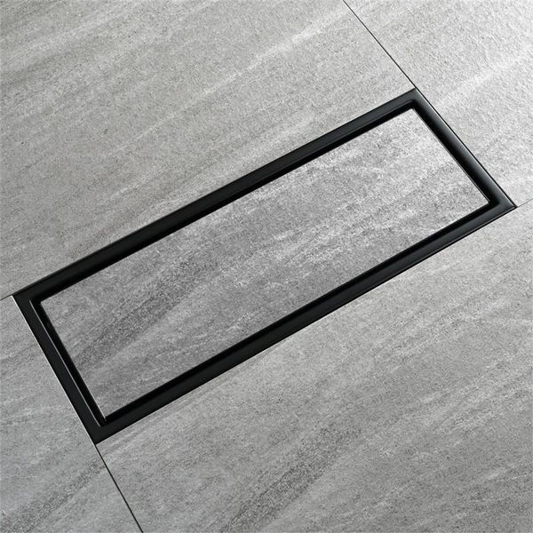 Autres fournitures de toilette de bain de haute qualité en acier inoxydable noir mat drain de douche carré plancher invisible long peut être équipé de carreaux