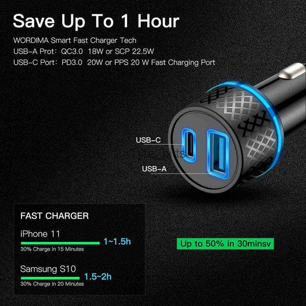 Otras baterías Cargadores Cargador de coche USB Cargador de coche USB C PD20W/PPS20W QC3.0 18W/SCP22.5W Adaptador de coche compatible con iPhone14/13/12 Series iPad Pro x0720