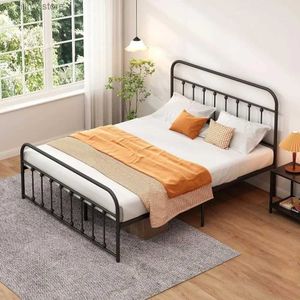 Overige beddengoedbenodigdheden Bedframe IC metalen platform bedframe geen boxspring stalen plaatondersteuning met leuning en voetkussen groot zwart bed Y240320